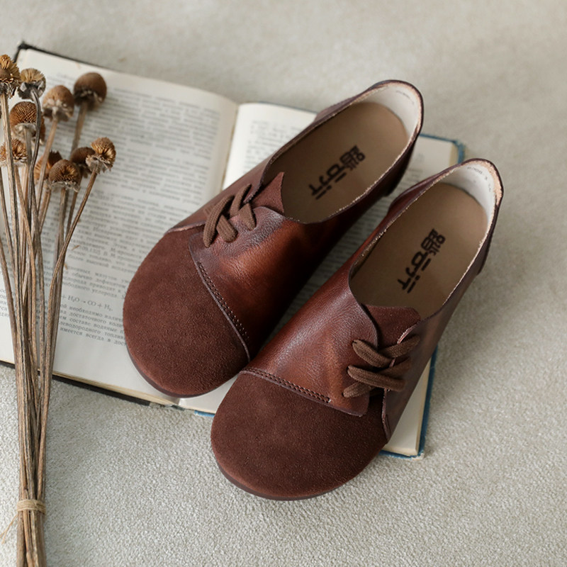 Detox home traditional new ideas spring and summer cowhide single shoes women's lace-up low-heeled soft bottom soft leather leather Sen women's shoes spring