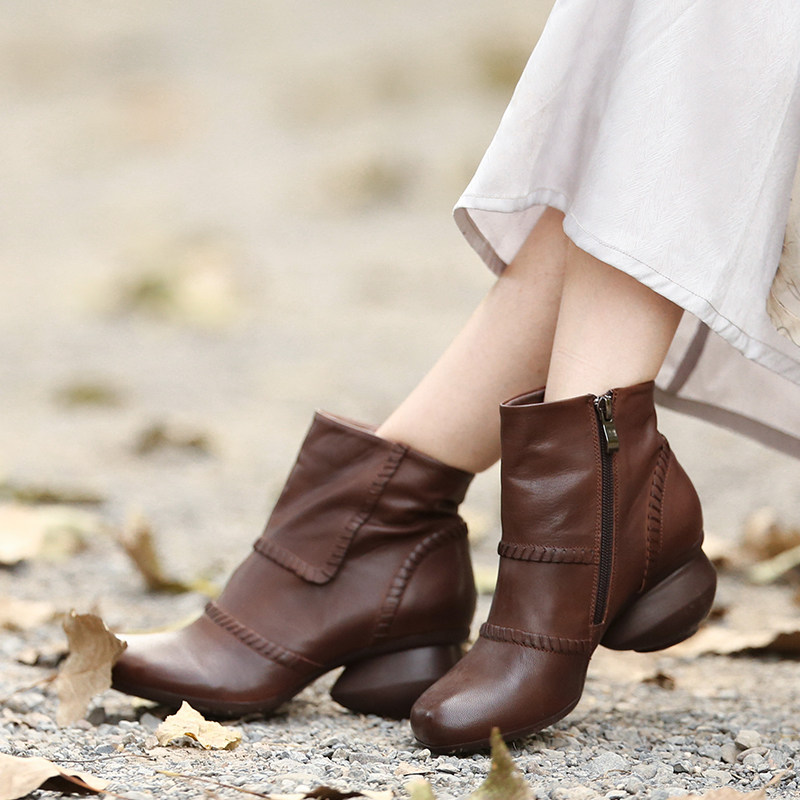 Detoxiff poppy Not Zhang's small personality Bull Leather Plus Suede Short Boots Comfort retro Heel Women Shoes Genuine Leather Women Boots