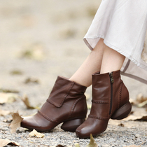 Detox family unassuming little personality cowhide plus velvet short boots comfortable retro middle heel womens shoes leather womens boots new
