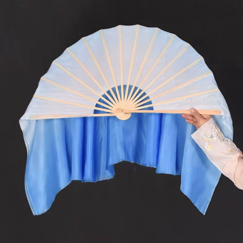 Настоящий шелковый танец фанат светло -голубой градиент двойной плюс растущий классический танец Длинный фанат Jiazhou Yangge Dancing Fan Silk Scarf