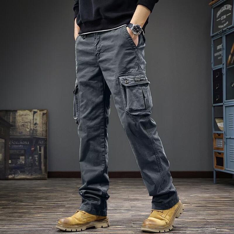 American Retro Multi-Pocket Pure Cotton Cargo Pants for Men, Autumn and Winter Construction Site Wear-Resistant Casual Straight-Leg Work Pants