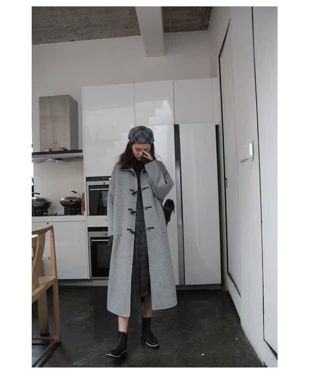 Mùa thu và mùa đông nặng hai màu ve áo sừng khóa đại học gió hai mặt cashmere áo yến mạch màu xám áo khoác ny