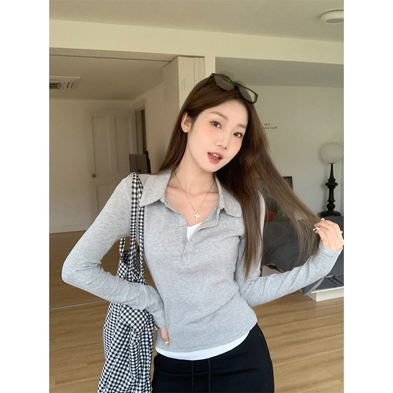 灰色假兩件拼接polo領長袖T恤女2025年春季修身打底小衫內搭上衣