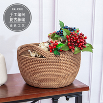 Vine Woven Basket Round Woven Household Debris Basket With Handle Vietnam Genuine Rattan Basket American Living-room Containing Basket
