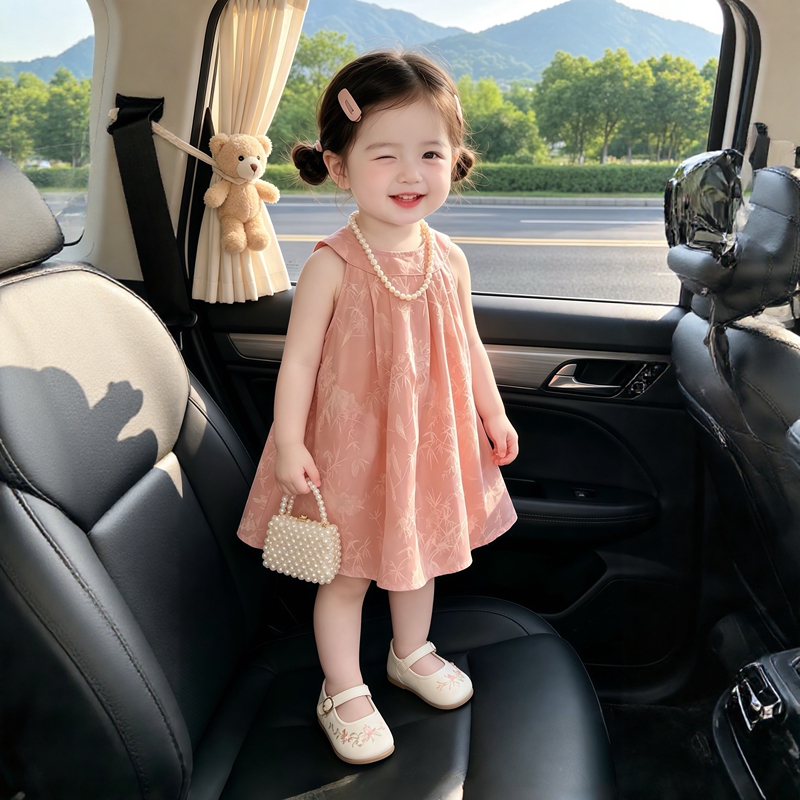 New Chinese-Style Trendy Satin Jacquard Hanfu Dress for Girls, Sleeveless Halter Neck Tank Dress, Summer Style, Classic and Stylish