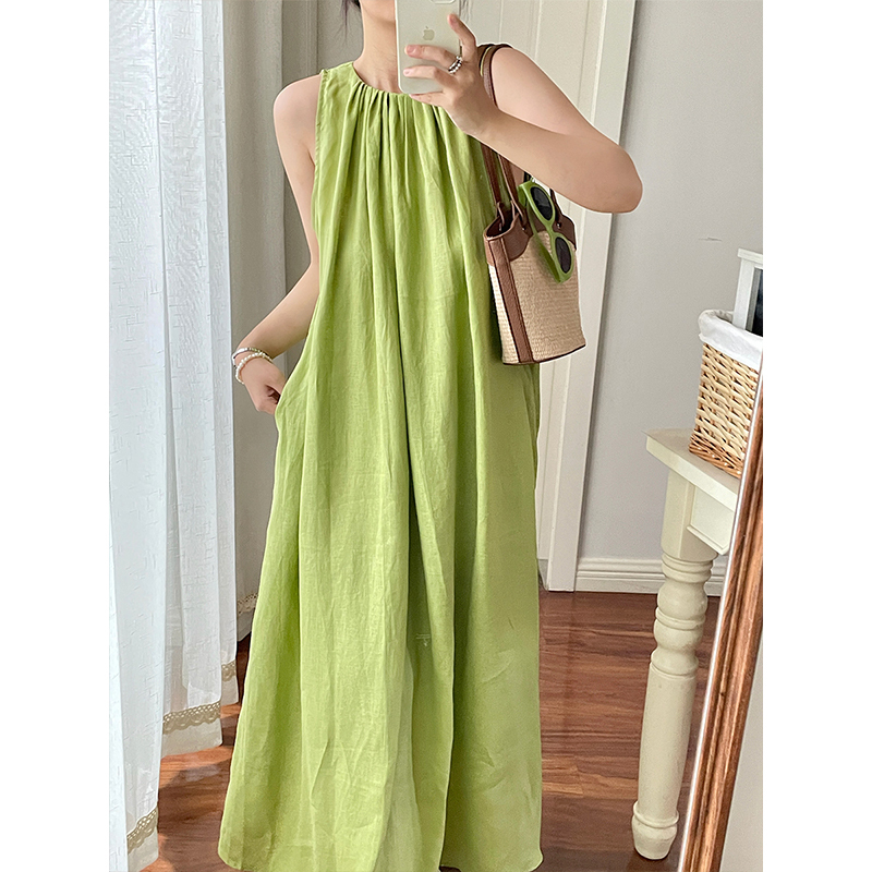 Linen Lime Green Sleeveless Vest Dress Women's Summer New Style Vertical Cutting Craftsmanship Romantic Girly Mid-Length Skirt
