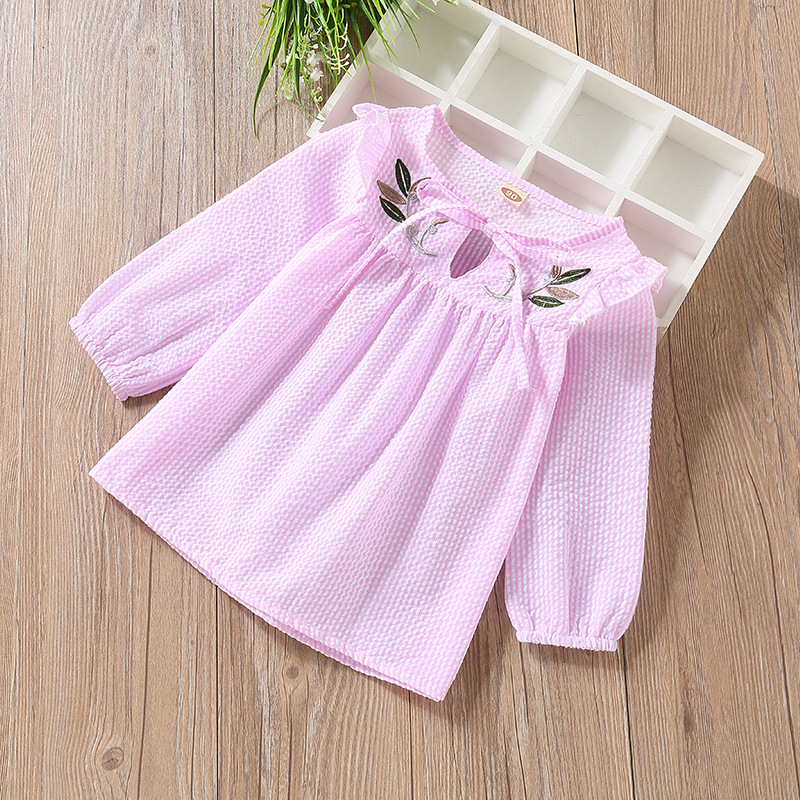 Mùa xuân hè mới áo sơ mi nữ tay dài Hàn Quốc bé gái cotton thêu áo thun bé gái áo ngoại - Áo sơ mi áo thun bé gái thu đông