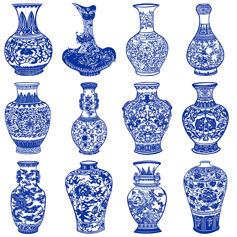 Blue and white porcelain vase paper-cut pattern black and white printing manuscript 12 high-definition Chinese style handmade paper carving pattern material
