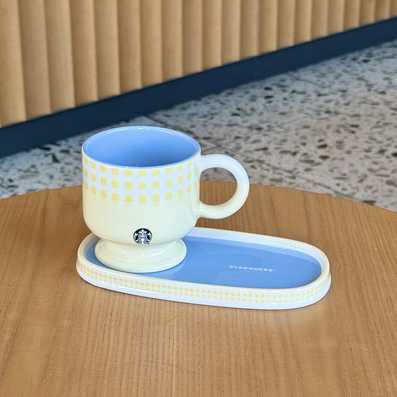 Starbucks Cup Spring Clear Sky Cheese Cream Yellow Checkered Korean Style Plaid Fresh Ceramic Cup and Saucer Set High Aesthetic Value Starbucks Cup Spring Clear Sky Cheese Cream Yellow Checkered Korean Style Plaid Fresh Ceramic Cup and Saucer Set High Aesthetic Value