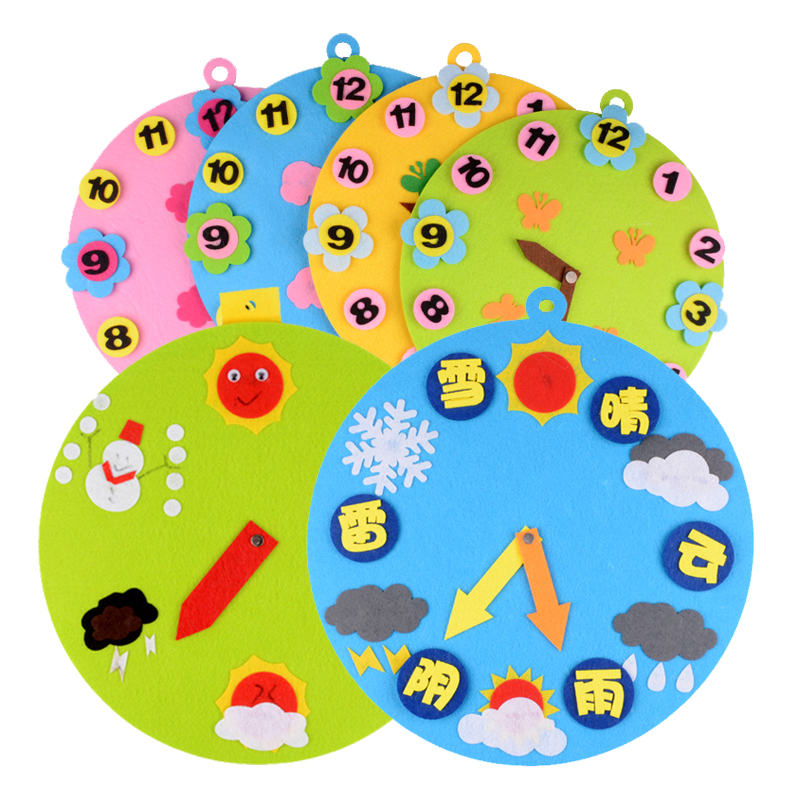 Weather Time Clock Teaching Aids Unwoven Cloth Weather Watches Teaching Models Kindergarten Children Handmade Puzzle materials