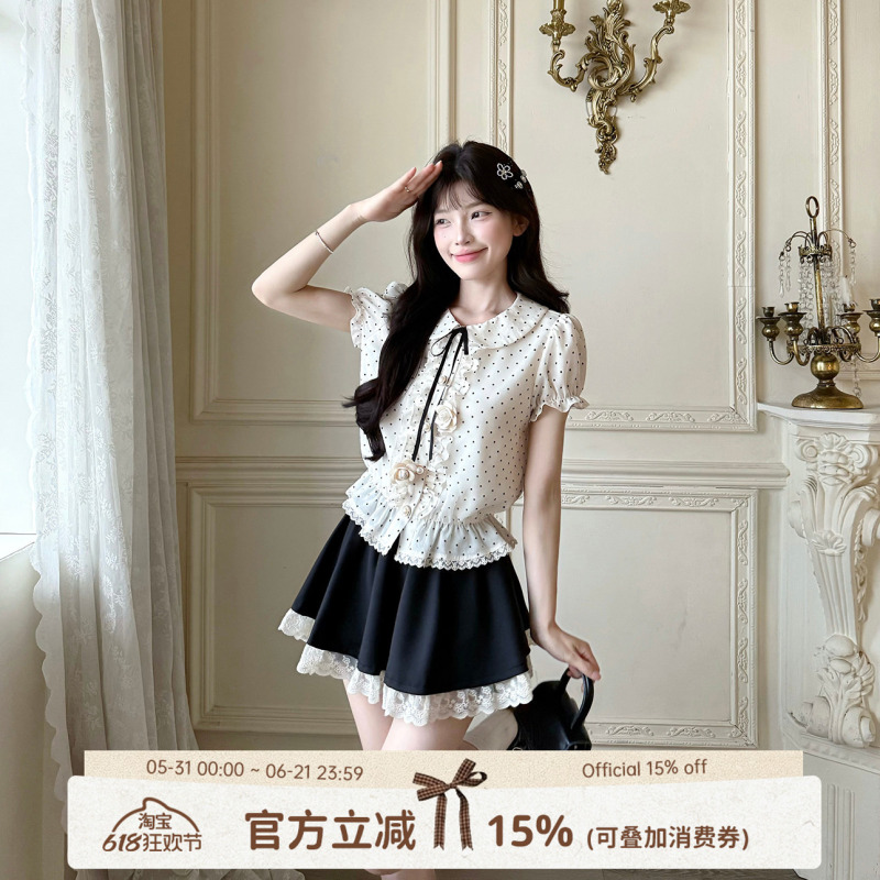 Kikyo House Hepburn Holiday Gentle Polka Dot Doll Collar Shirt Top for Women with Lace Patchwork Black Skirt Kikyo House Hepburn Holiday Gentle Polka Dot Doll Collar Shirt Top for Women with Lace Patchwork Black Skirt