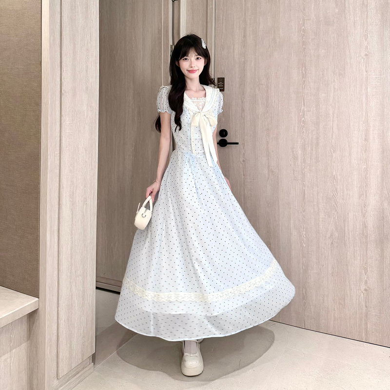 Platycodon House Light Blue Sea Sequence Fresh Blue Polka Dot Sailor Collar Long Dress Puff Sleeves Waist-Cinching Girl's Dress Platycodon House Light Blue Sea Sequence Fresh Blue Polka Dot Sailor Collar Long Dress Puff Sleeves Waist-Cinching Girl's Dress