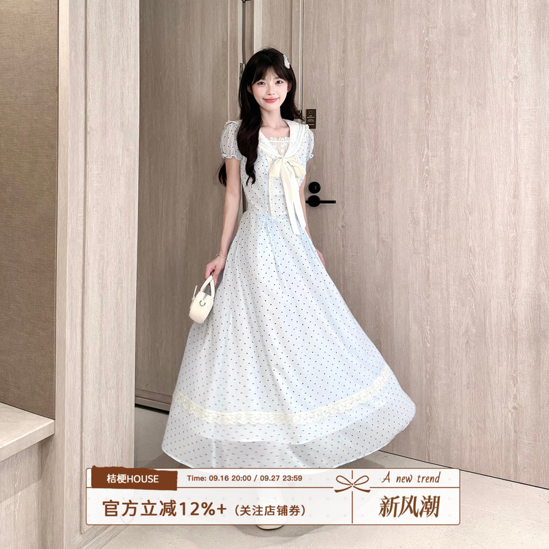 Platycodon House Light Blue Sea Sequence Fresh Blue Polka Dot Sailor Collar Long Dress Puff Sleeves Waist-Cinching Girl's Dress Platycodon House Light Blue Sea Sequence Fresh Blue Polka Dot Sailor Collar Long Dress Puff Sleeves Waist-Cinching Girl's Dress