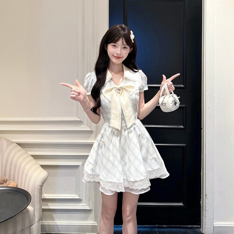 Kikyo House Light Blue Butterfly Dream Fresh Plaid Short Skirt Puff Sleeve Lapel Double Layer Lace Hem Dress Kikyo House Light Blue Butterfly Dream Fresh Plaid Short Skirt Puff Sleeve Lapel Double Layer Lace Hem Dress