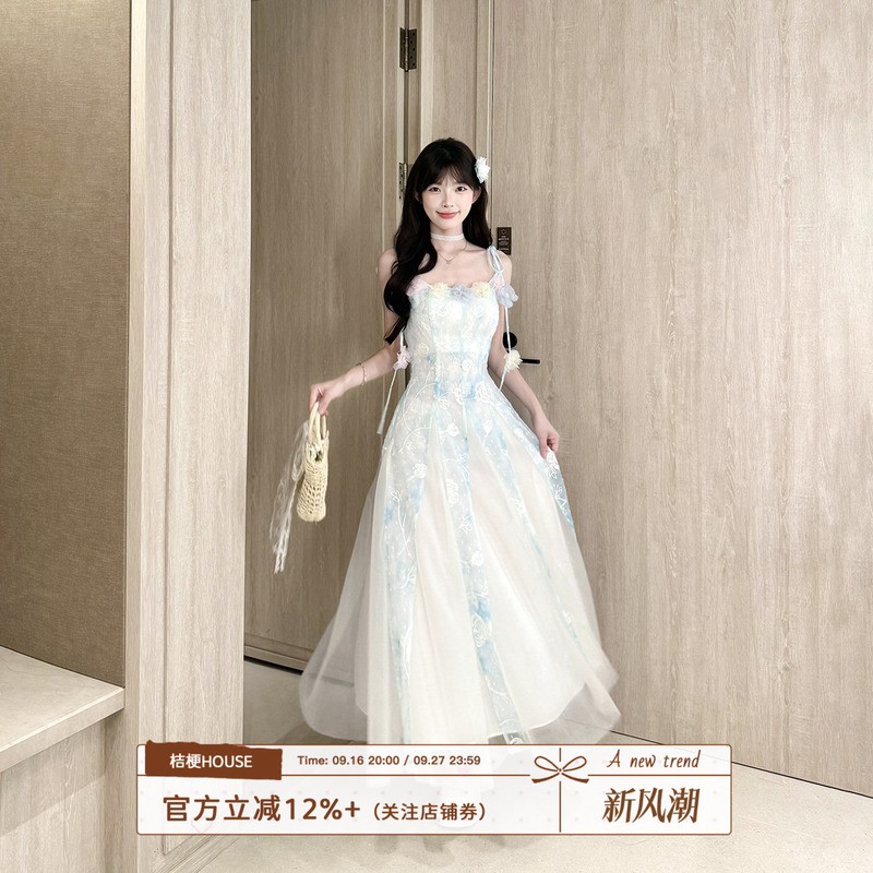 Platycodon House Sea Salt Mansha Three-Dimensional Floral Tie Strap Dress Blue and White Mesh Waist-Cinching Long Dress