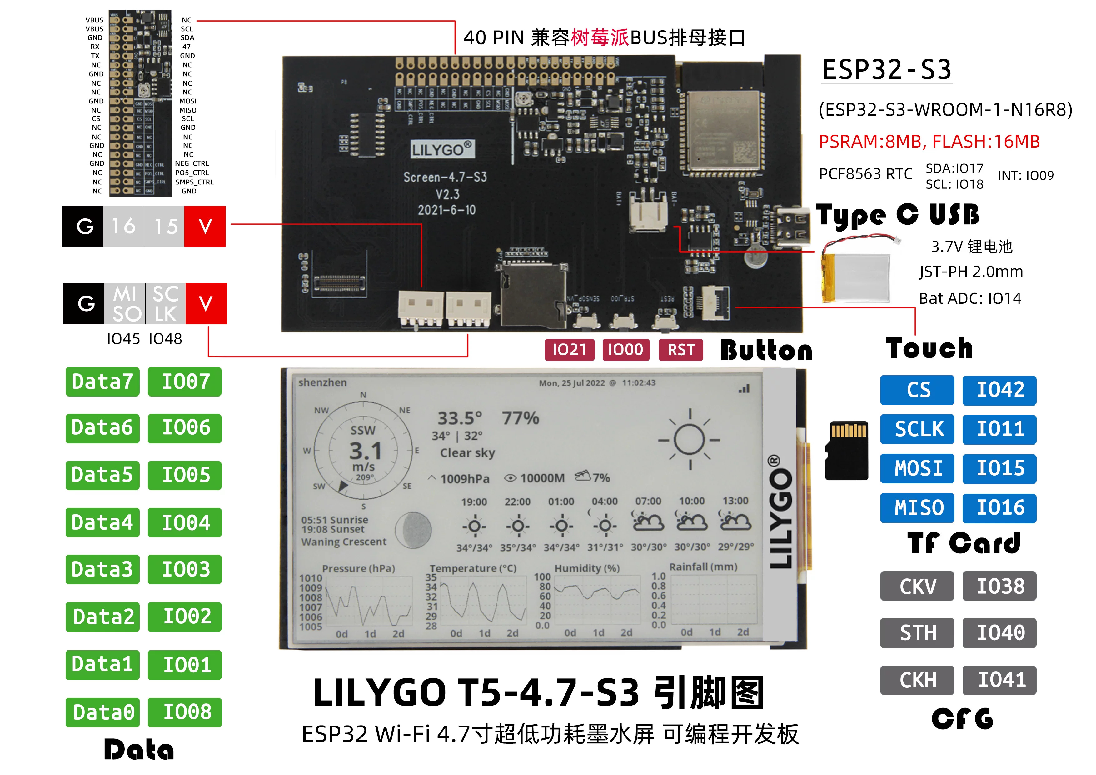 LILYGO T5 4.7 дюймов электронная бумага V2.3 ESP32-S3 экран на чернильном экране можно программировать низкое энергопотребление