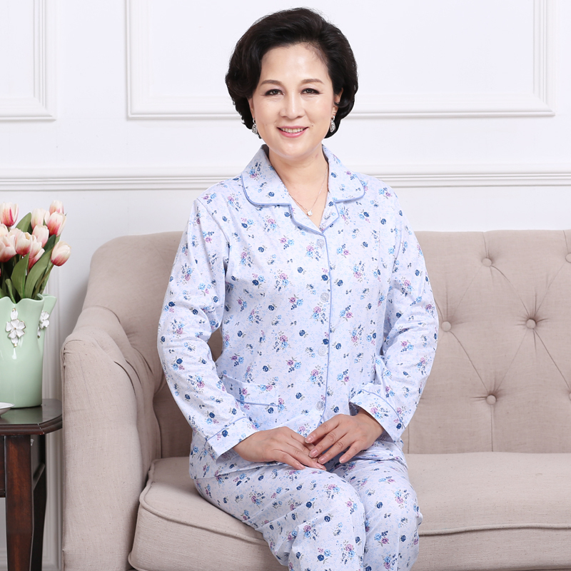 Mom's Pajamas for Women, Summer Pure Cotton Long-Sleeved Home Wear Set for Middle-Aged and Elderly Women, Grandma's All-Cotton