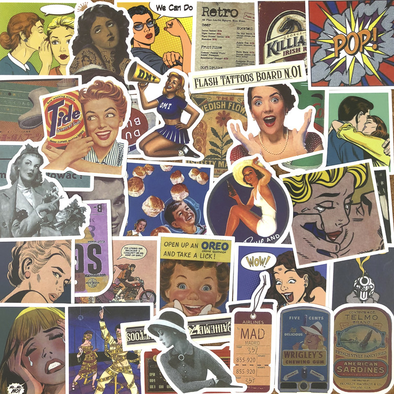 50 sheets of European and American nostalgic retro posters Popwind post Poster Computer Flat stationery Decorative Suitcase Stickers