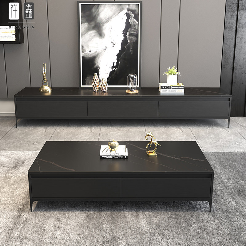Minimalist light lavish black rock plate TV cabinet Tea Table Composition Extremely Minimalist Modern small household Living Room Ground Cabinet