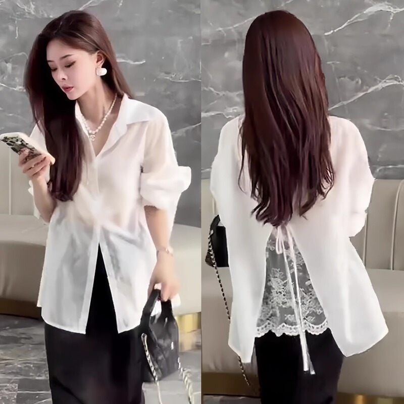 Lace Back Splicing Slit Lace-Up Thin Sun Protection Shirt 2026 Summer New French Design Top for Women