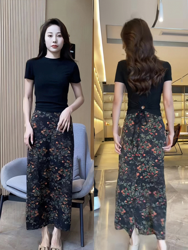 2026 Summer New Popular Style Elegant Back Hollow-Out Drawstring Short-Sleeve T-Shirt Top High-Waisted Skirt for Women