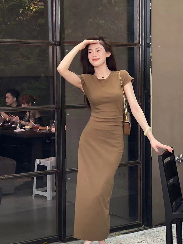 Korean Style Slim-Fitting Short-Sleeved T-Shirt Bodycon Dress 2026 Summer New Solid Color Pencil Skirt Women's Clothing
