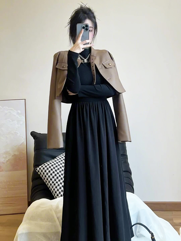 2026 Autumn/Winter New French Retro Hepburn Style Patchwork Base Dress + Short Leather Jacket