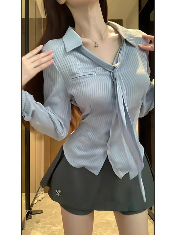 Satin Tie Striped Waist-Cinching Slim-Fit Long-Sleeve Shirt Top for Women 2026 Spring New Style Pure Desire Sweet Spicy Girl Pants Skirt Satin Tie Striped Waist-Cinching Slim-Fit Long-Sleeve Shirt Top for Women 2026 Spring New Style Pure Desire Sweet Spicy Girl Pants Skirt