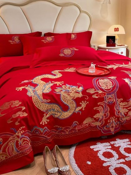 中式龙凤纯棉结婚四件套全棉刺绣被套大红色床单婚庆婚房床上用品