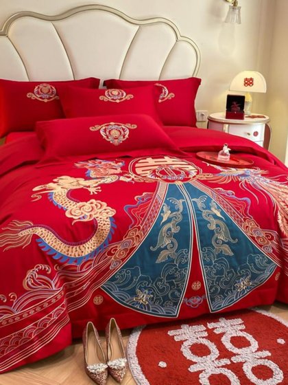 中式龙凤纯棉结婚四件套全棉刺绣被套大红色床单婚庆婚房床上用品