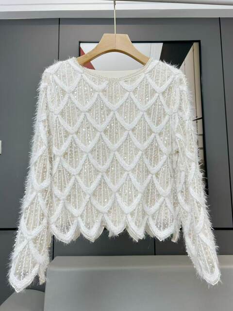New Spring and Autumn High-End Custom Furry Tops, Loose Casual Versatile Sequin Tops, Comfortable Beaded Tops for Women