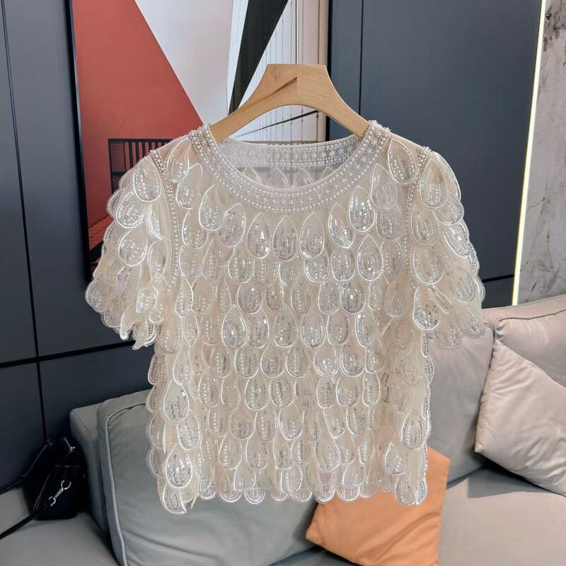 Light Luxury Style Heavy Beaded Lace Short-Sleeved Top for Women, Versatile Slimming Ruffled Pearl Sequin Chiffon Shirt