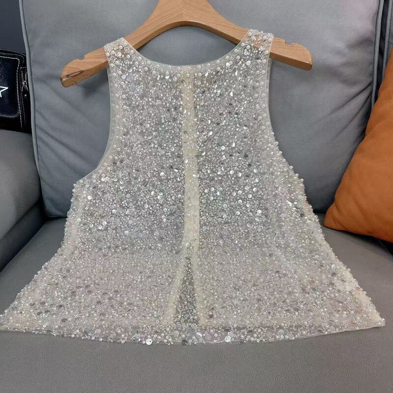 Light Luxury High-End Spring/Summer Flowing Outfit, Fashionable and Versatile, Slimming Beaded Sequin Sleeveless Vest Top for Women with Zipper