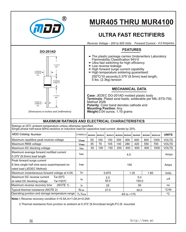 Hàng Chính Hãng MUR460 DO-201AD 600V4A Cắm Trực Tiếp Cực Nhanh Phục Hồi Diode Chỉnh Lưu 10 Miếng