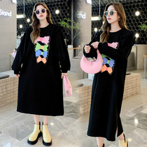 Pregnant womens autumn and winter clothes new large size fashion foreign style dress fat mm mid-length loose autumn and winter sweater dress