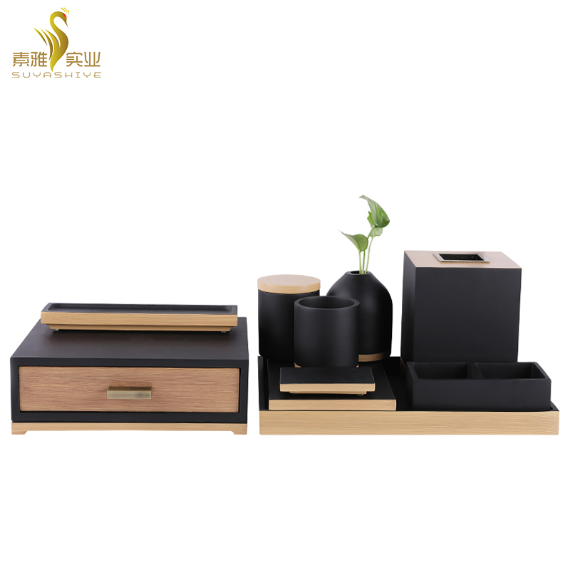Hotel Bathroom Amenities Kit Black Resin Wood Grain Storage Box Tissue Box Tray Tea Box Mouthwash Cup Soap Dish
