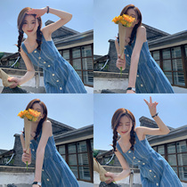(Huchu Blue Genie) 2021 Xias new denim skirt thin and small sub-denim harness skirt woman