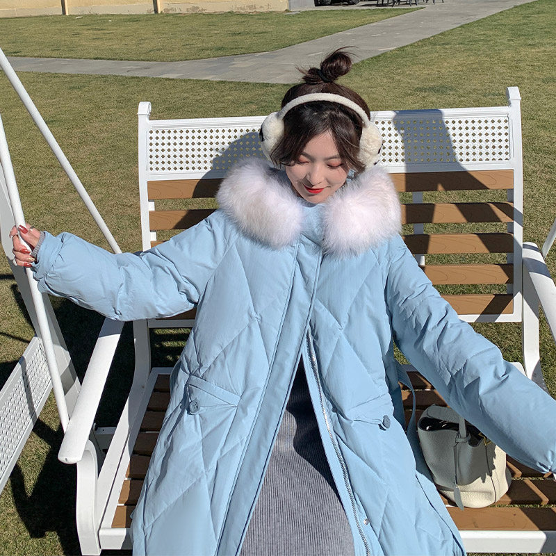 (TWO LEMONN love god angels) blue limbo hat down jacket woman 2021 autumn winter medium long version coat woman