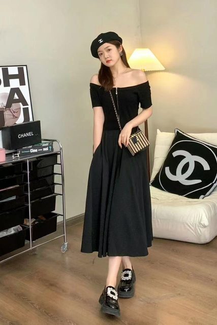 Little Black Dress Black One Shoulder Dress Women 2023 Summer Waist A-Line Long Dress