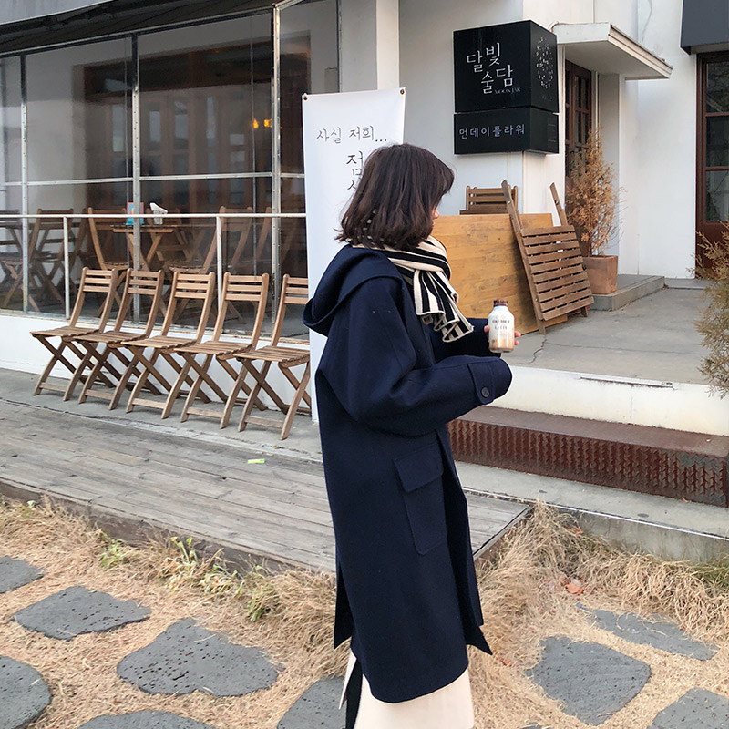 Hu Chuliang HUCHUJING long knee-tweed coat coat women navy blue little hair coat women