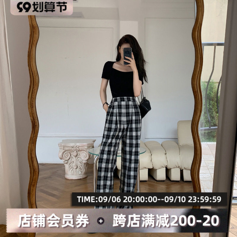 (TWO LEMON ice rum) drape black and white plaid pants summer and autumn thin section loose high waist wide pants women