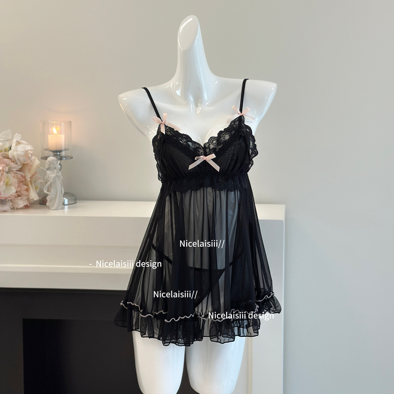 Nicelaisiii Sweet Dream Leader Black Lace Transparent Date Night Pajamas Sexy Backless Feminine Nightgown
