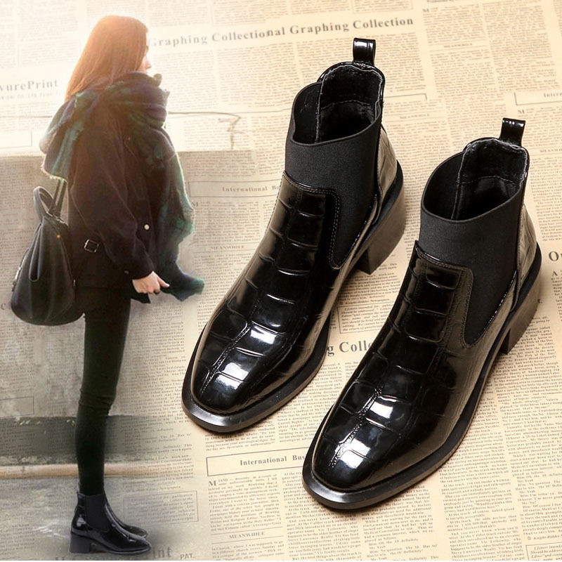Female shoes European and American new black display slim black elastic band round head coarse heel high heels