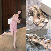 Womens shoes rhinestone one-word buckle stiletto high-heeled apricot womens shoes with a heel height of about 9cm