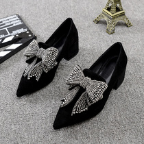 Womens shoes Pointed rhinestone bow thick heel high heel womens shoes Black