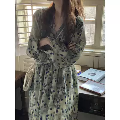 Autumn tie-dyed green flower skirt tea break floral dress French gentle wind waist thin temperament long skirt