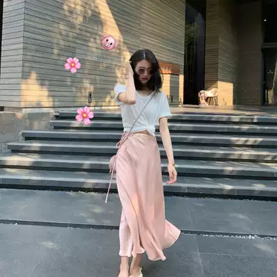 Pink high-waisted satin skirt female summer little waist waist temperament gentle wind long version half skirt fishtail skirt