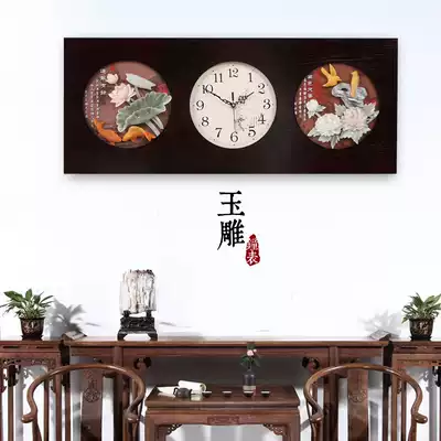 Clock wall clock Living room creative wall clock Chinese style square clock New Chinese style mute jade carved decorative quartz clock