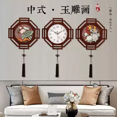 New Chinese wall clock Chinese style Sanlian Fu Jade carving creative decoration watch home living room fashion mute wall clock