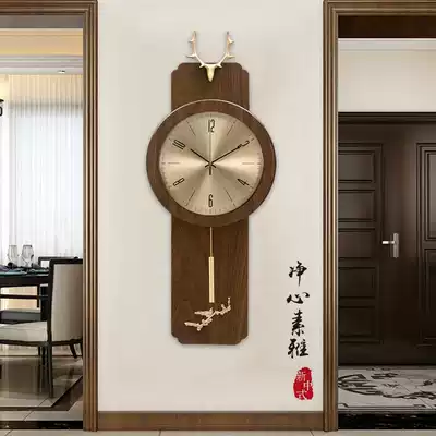 High-end new Chinese pure copper wall clock living room hanging wall light luxury walnut Chinese style pendulum clock deer head decoration home